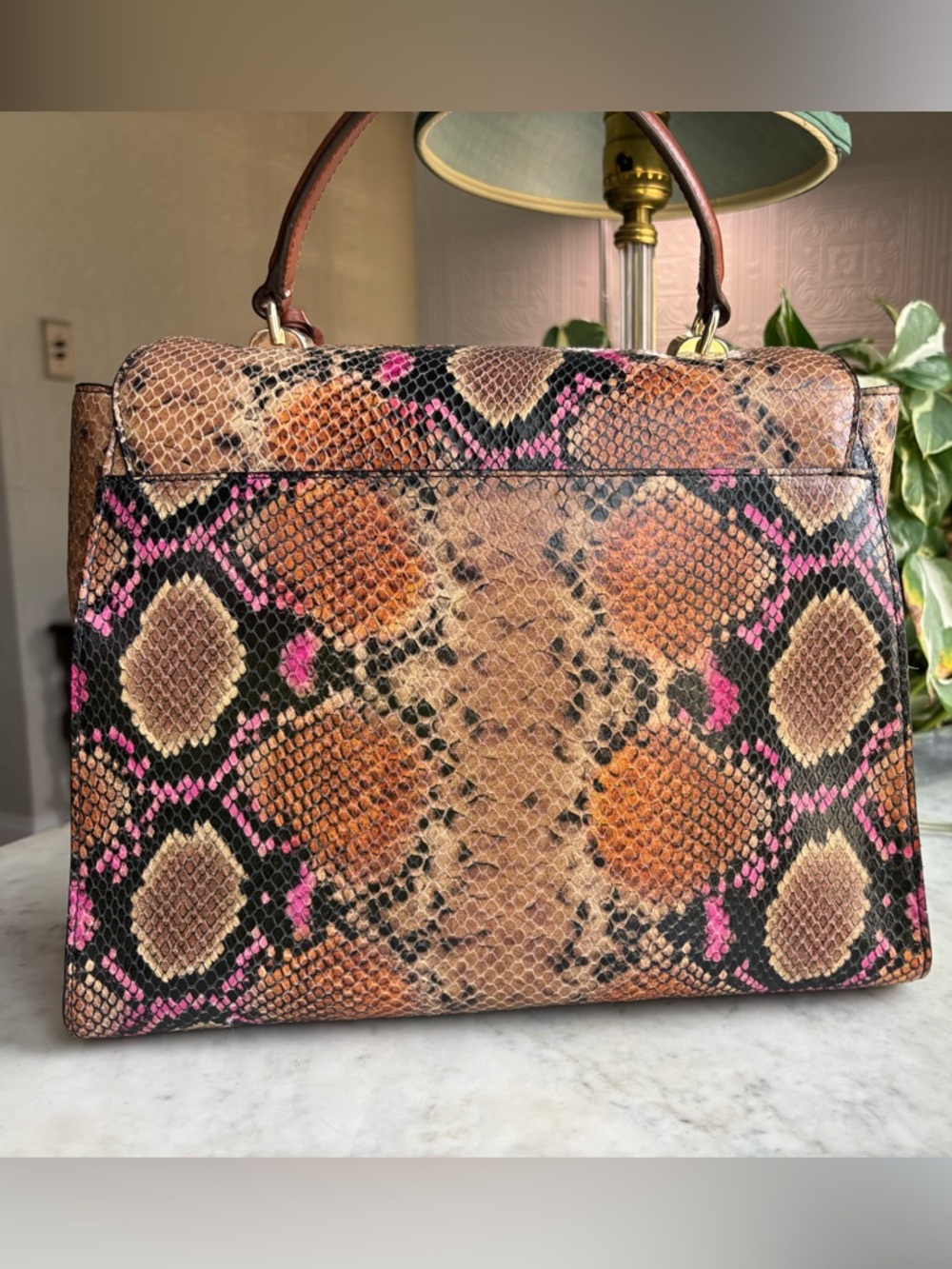 Brahmin Brown & Pink Python-Embossed Satchel with Gold Hardware - Picture 2 of 9